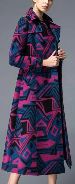 Geometric Print Wool Trench Coat