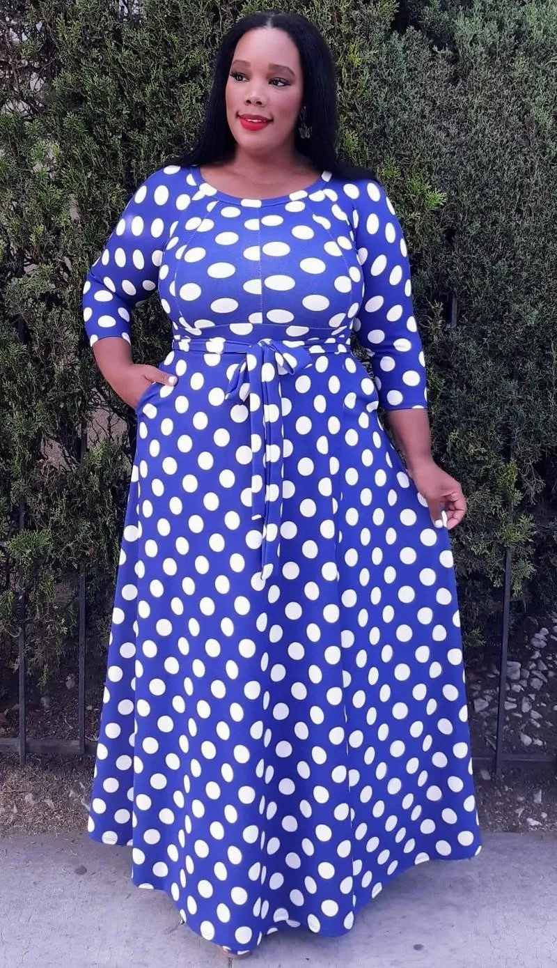 Hi Curvy Plus Size Big Polka Dot Fit & Flare maxi Dress with pockets