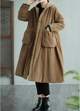 Modern Hooded Pockets Fashion Maxi Coat Khaki Daily Outwear