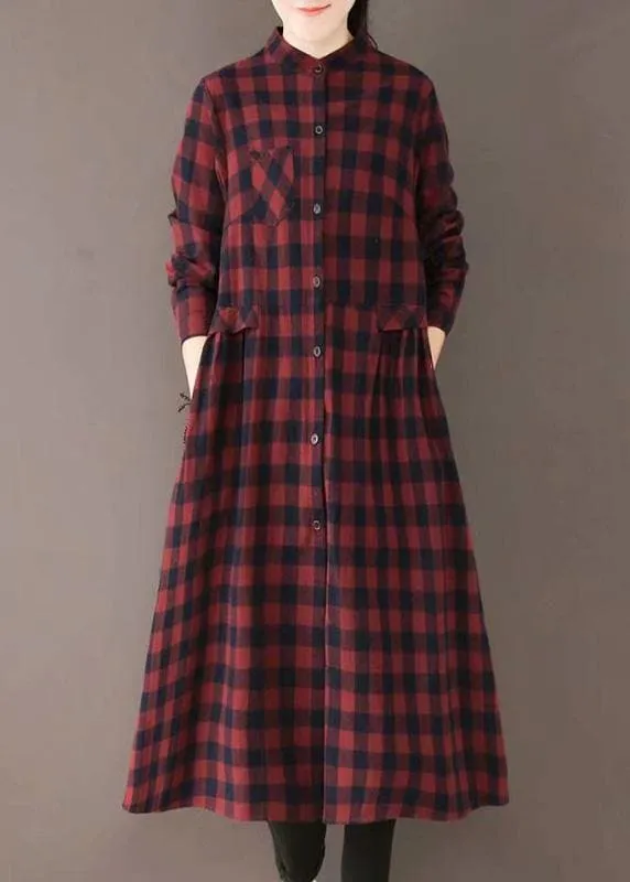 Natural Burgundy Plaid Quilting Dresses Stand Collar Pockets Long Spring Dresses