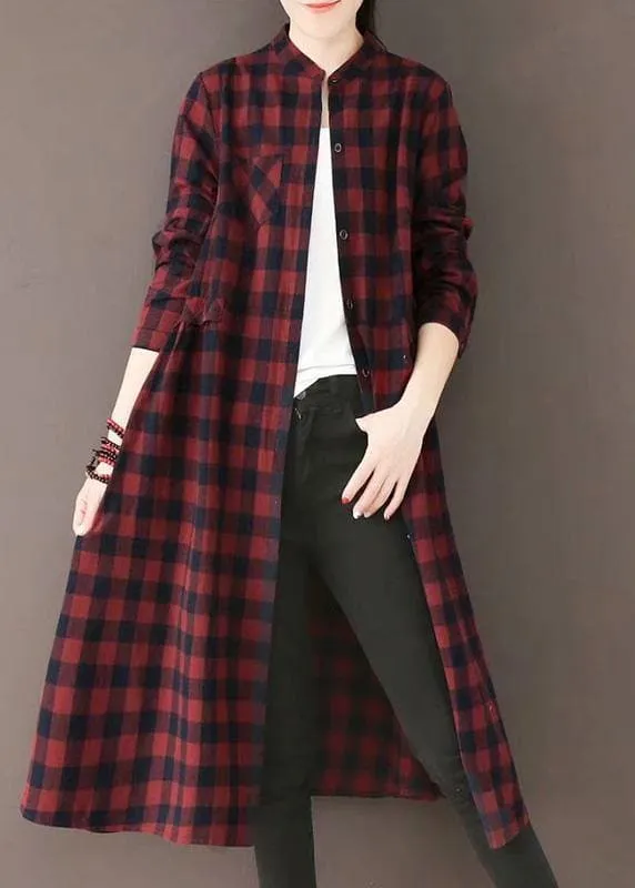 Natural Burgundy Plaid Quilting Dresses Stand Collar Pockets Long Spring Dresses