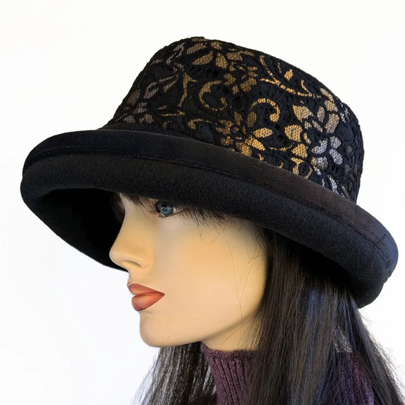 Premium Winter Fashion Hat with velvet trim, black with gold lace band trim