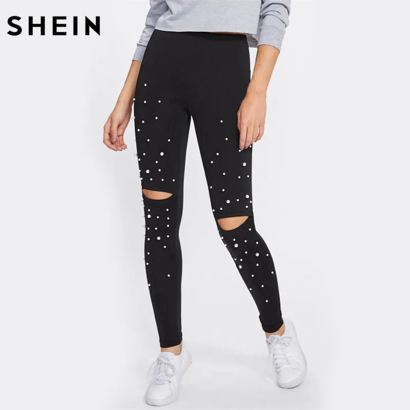 SHEIN Pearl Beading Knee Open Leggings Fitness Women Black Cut Out Womens Workout Leggings Casual Autumn Winter Leggings