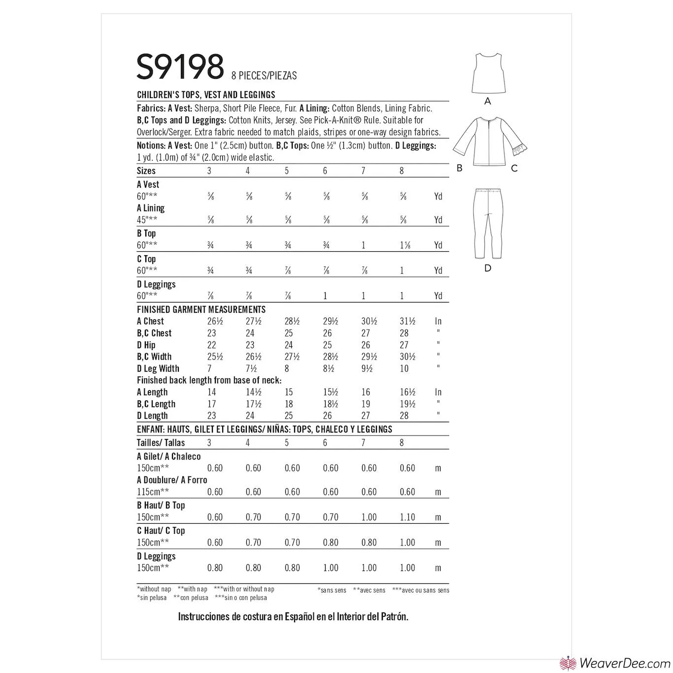 Simplicity Pattern S9198 Children's Tops, Vest & Leggings