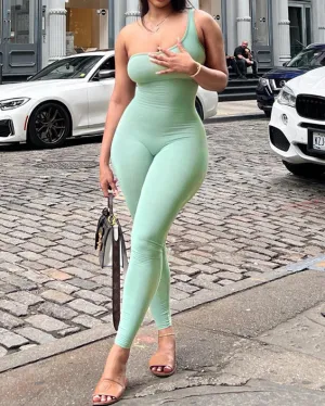 Solid Color One-Shoulder Slim Fitting Butt Lifting Sports Fitness Jumpsuit