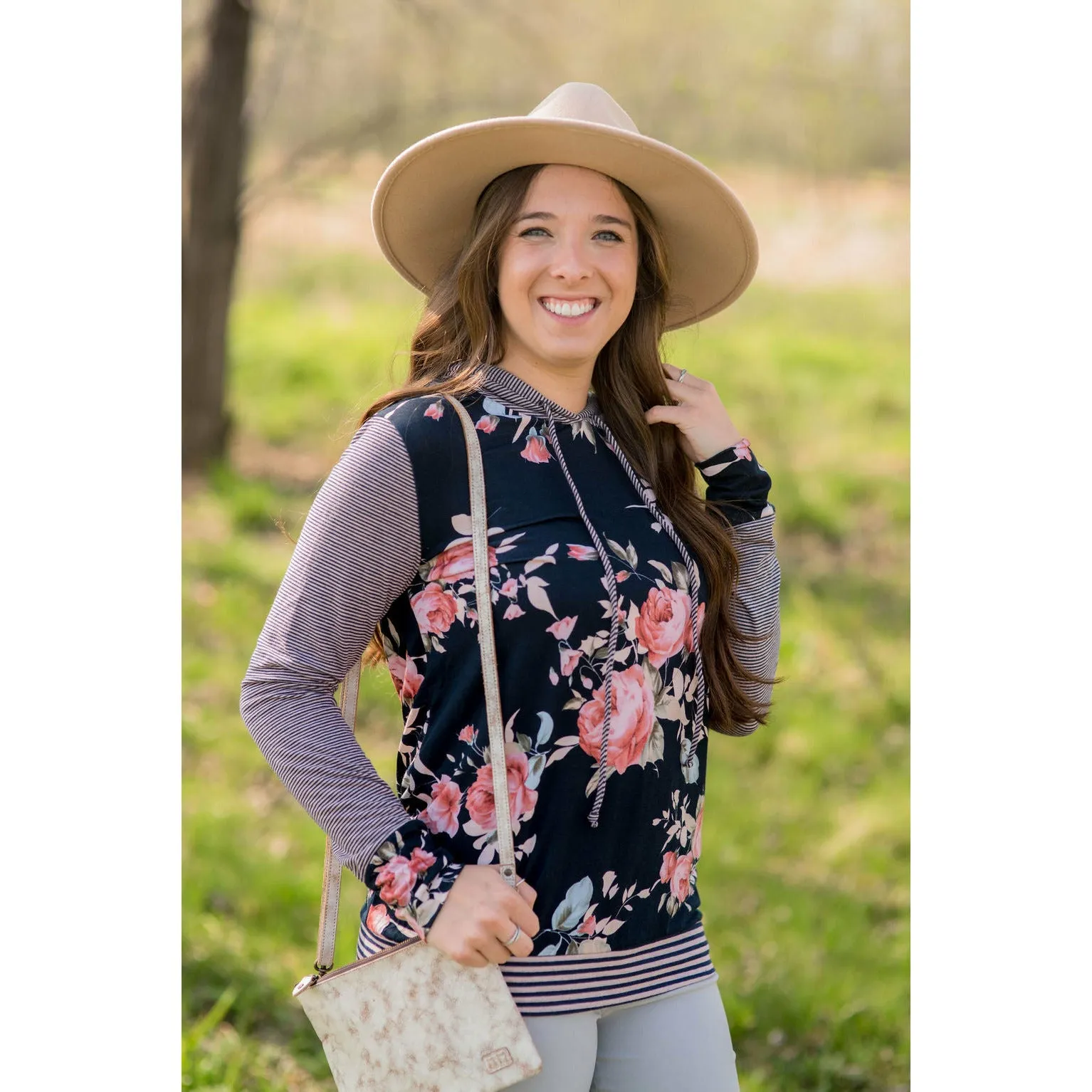 Striped Sleeve Floral Hoodie