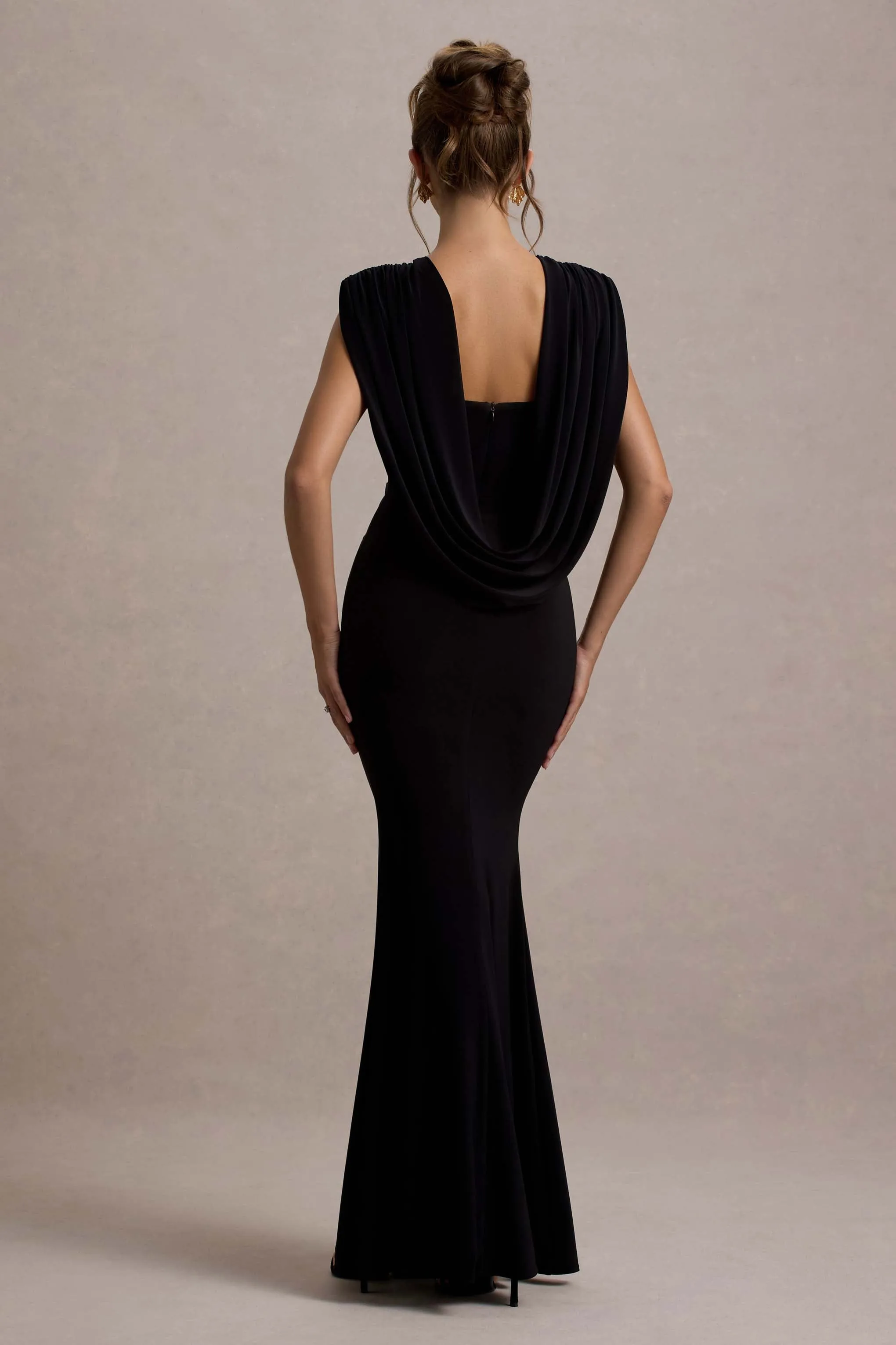 To The Moon | Black Cowl-Back Maxi Dress