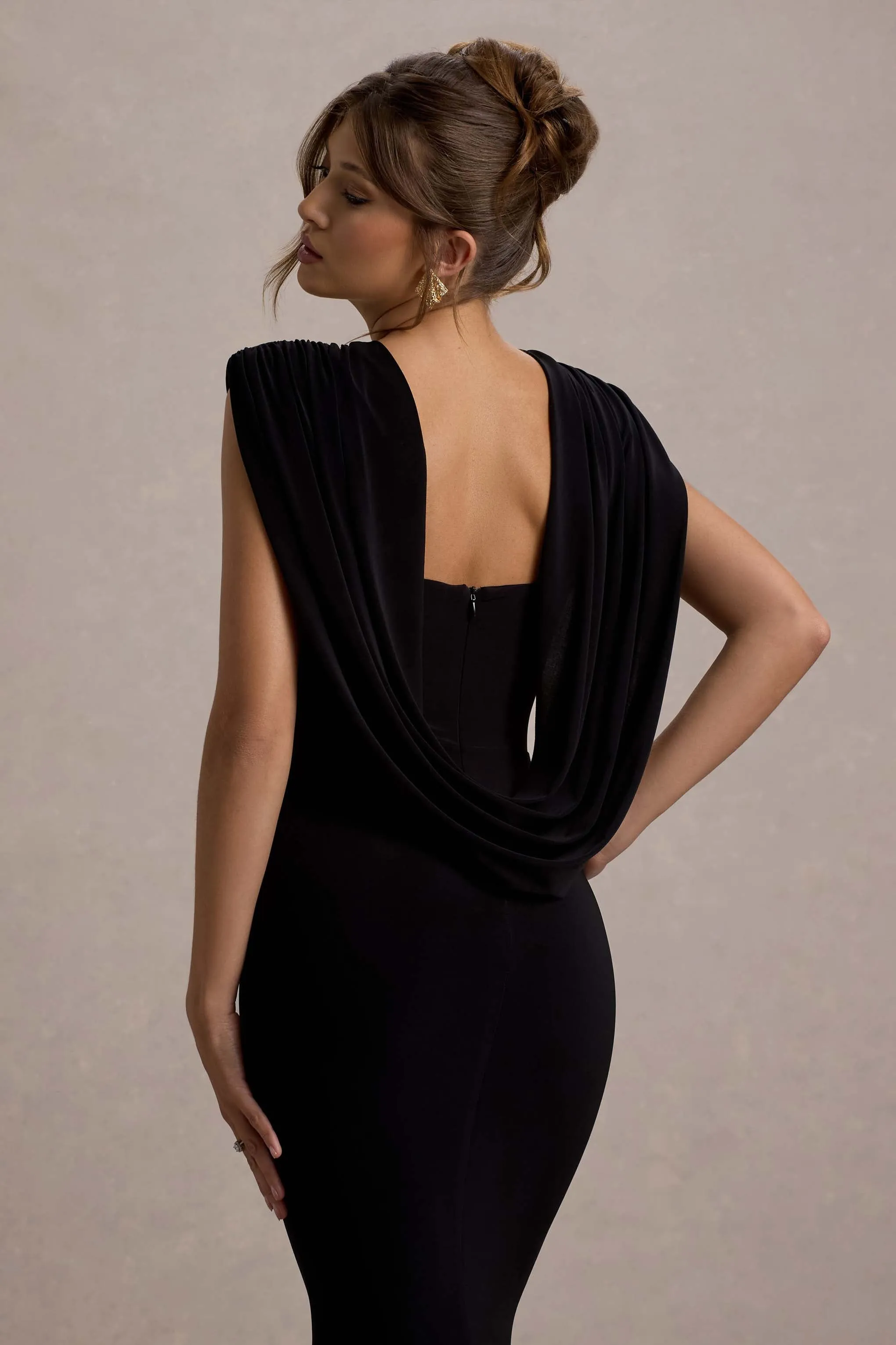 To The Moon | Black Cowl-Back Maxi Dress