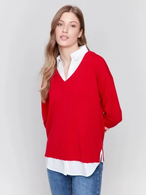 V-Neck Sweater with Shirt Collar