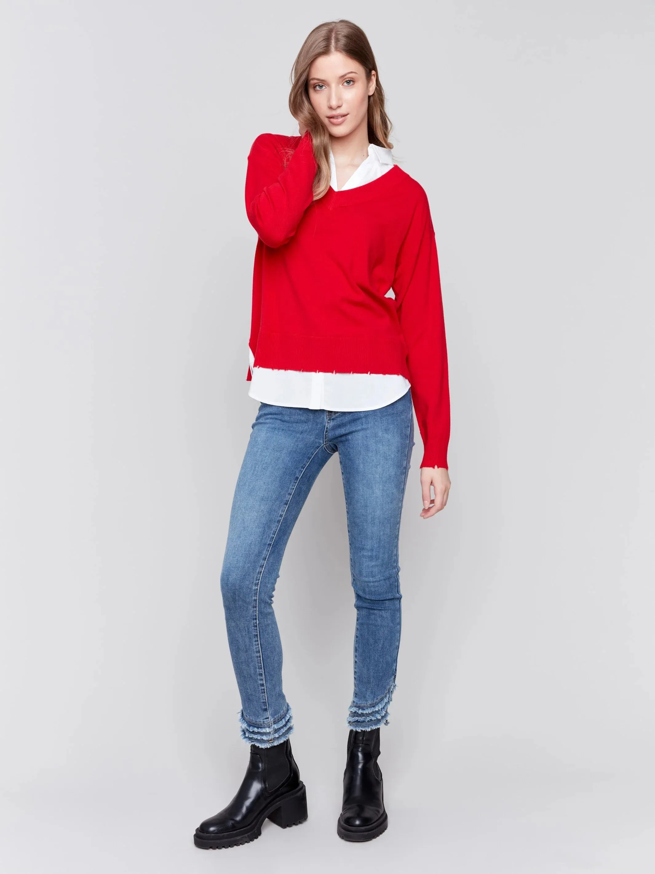 V-Neck Sweater with Shirt Collar