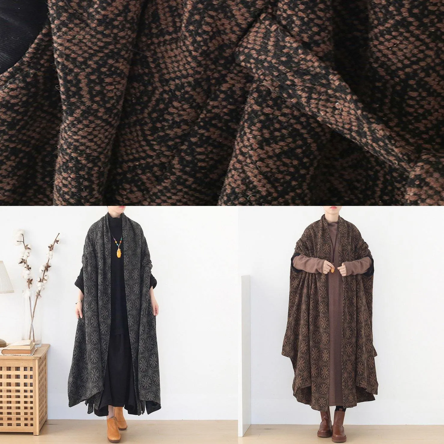 vintage brown wool coat plus size v neck trench coat cloak woolen outwear