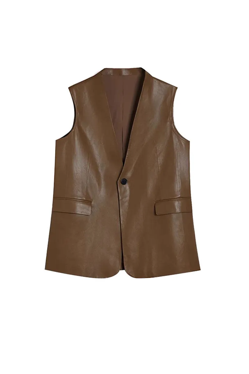 Vintage Mid-Length Collarless Leather Vest with Back Slit