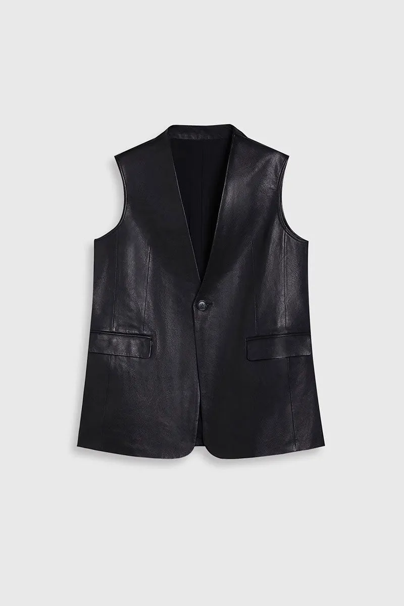 Vintage Mid-Length Collarless Leather Vest with Back Slit