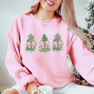 Watercolor Christmas Trees With Pink Bows Wholesale Graphic Sweatshirt - Fast Shipping