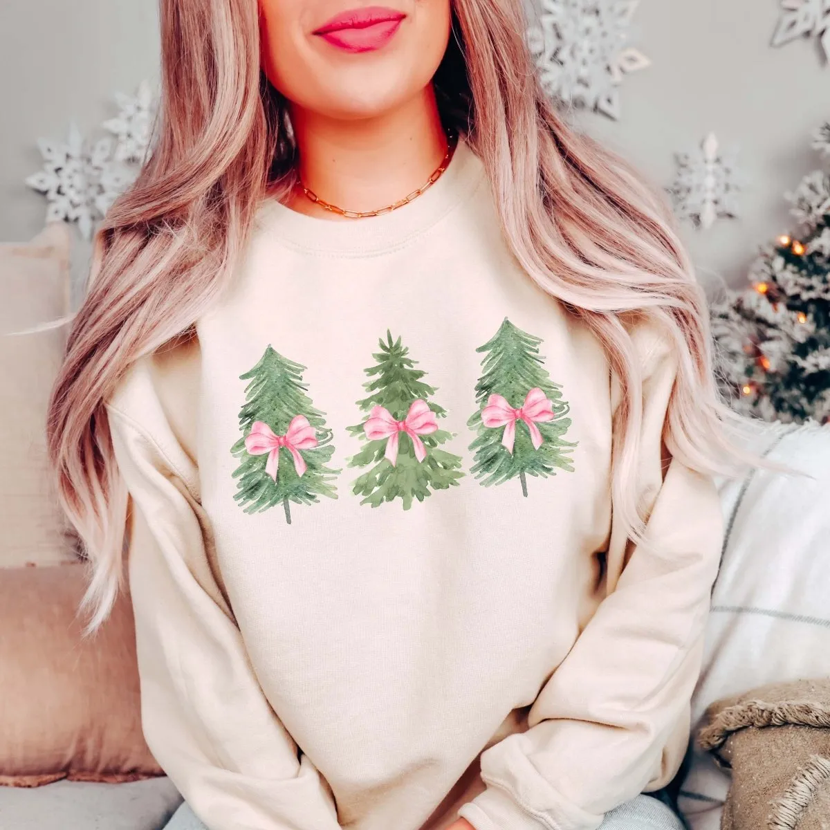 Watercolor Christmas Trees With Pink Bows Wholesale Graphic Sweatshirt - Fast Shipping