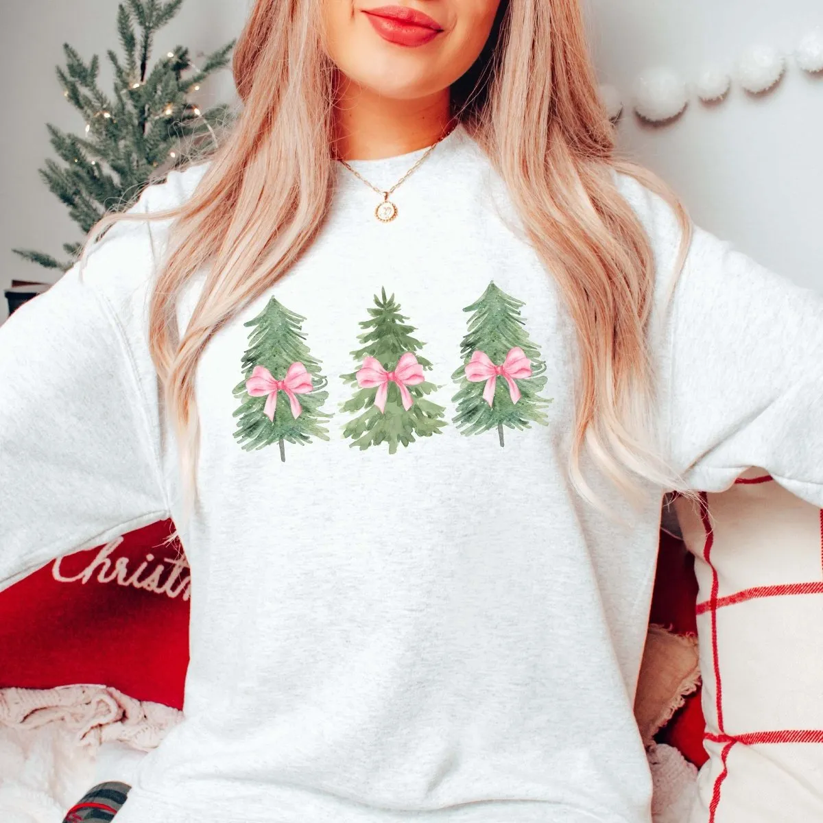 Watercolor Christmas Trees With Pink Bows Wholesale Graphic Sweatshirt - Fast Shipping