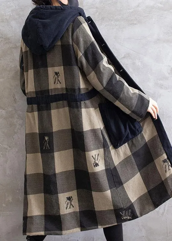 Women Gray Plaid Overcoat Hooded Drawstring Coats