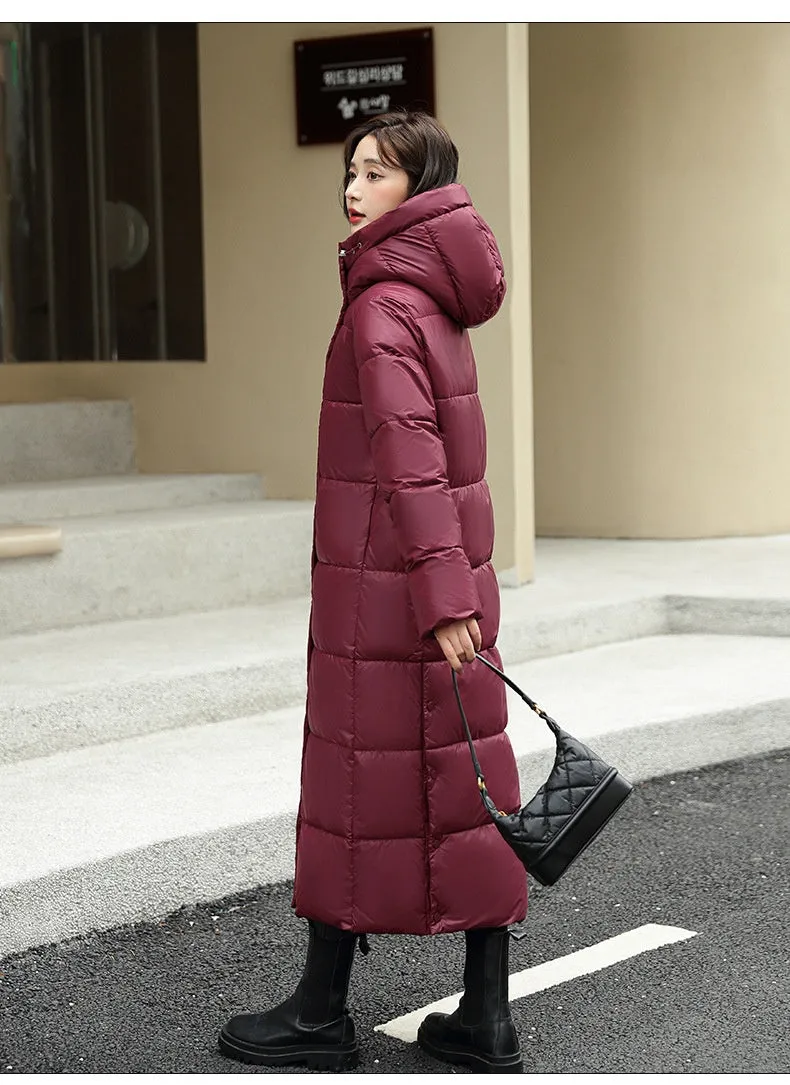 Women's Super Long Down Jacket Winter Puffer Thick Coat Black Red Hooded Zipper Keep Warm Fall Winter Casual Clothes