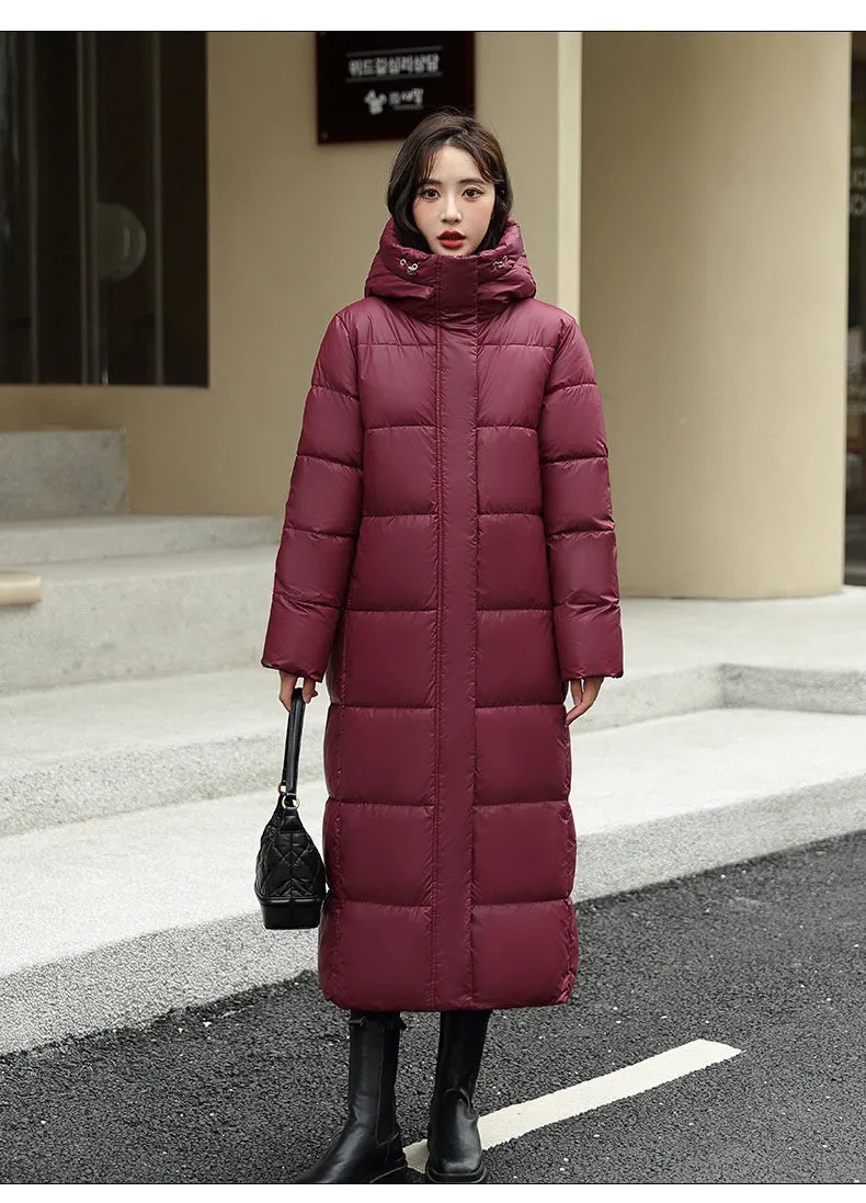 Women's Super Long Down Jacket Winter Puffer Thick Coat Black Red Hooded Zipper Keep Warm Fall Winter Casual Clothes