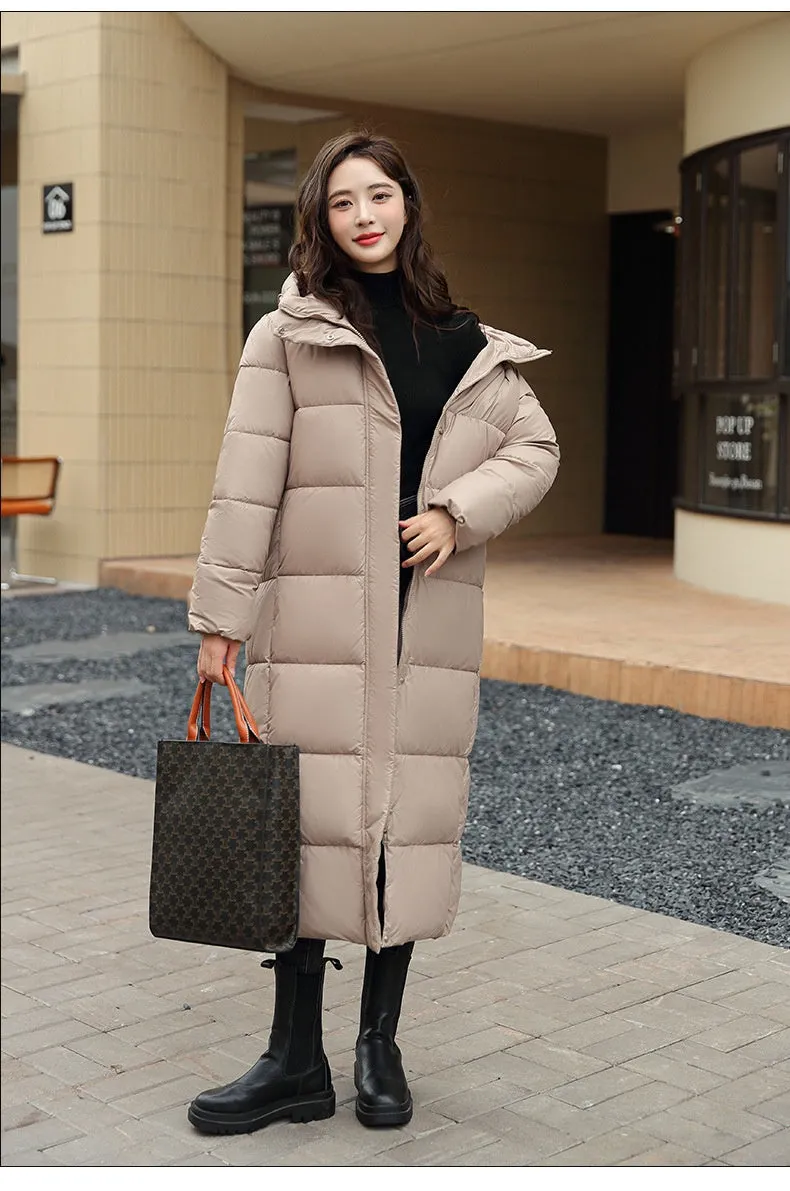 Women's Super Long Down Jacket Winter Puffer Thick Coat Black Red Hooded Zipper Keep Warm Fall Winter Casual Clothes