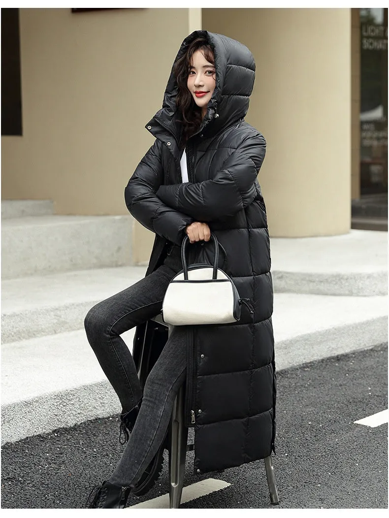 Women's Super Long Down Jacket Winter Puffer Thick Coat Black Red Hooded Zipper Keep Warm Fall Winter Casual Clothes