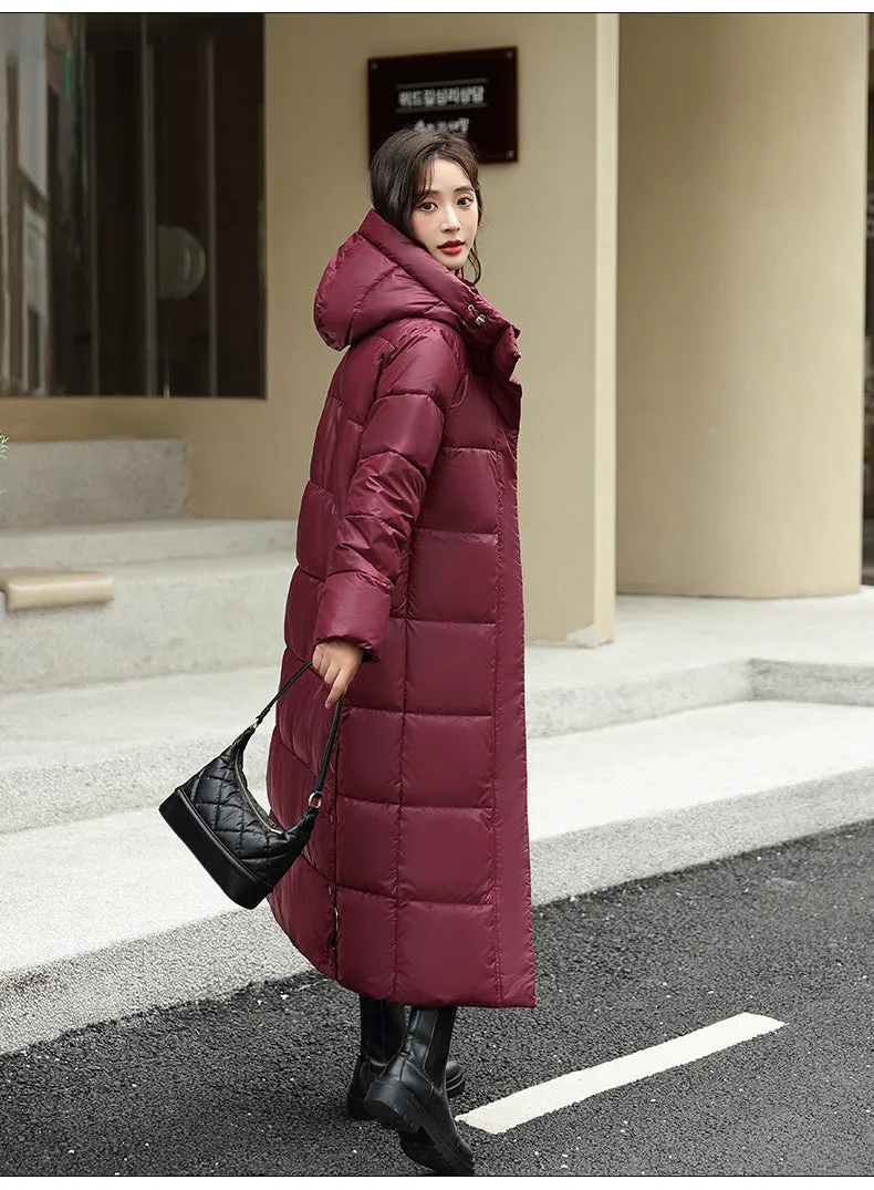 Women's Super Long Down Jacket Winter Puffer Thick Coat Black Red Hooded Zipper Keep Warm Fall Winter Casual Clothes