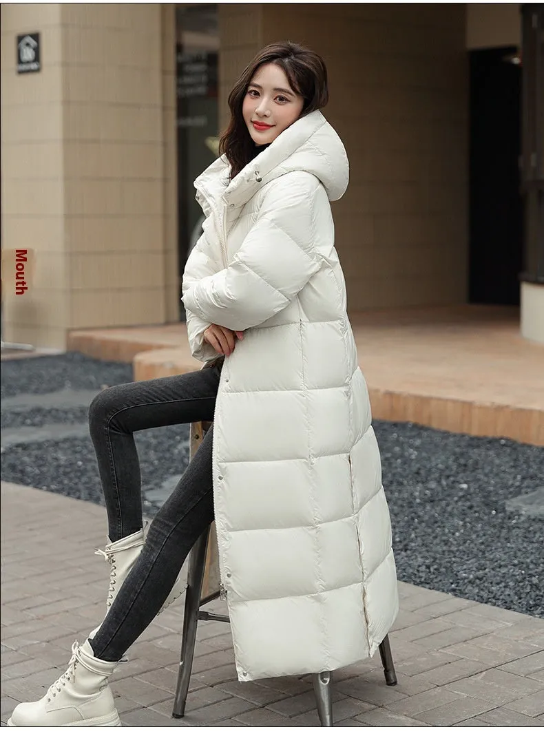 Women's Super Long Down Jacket Winter Puffer Thick Coat Black Red Hooded Zipper Keep Warm Fall Winter Casual Clothes