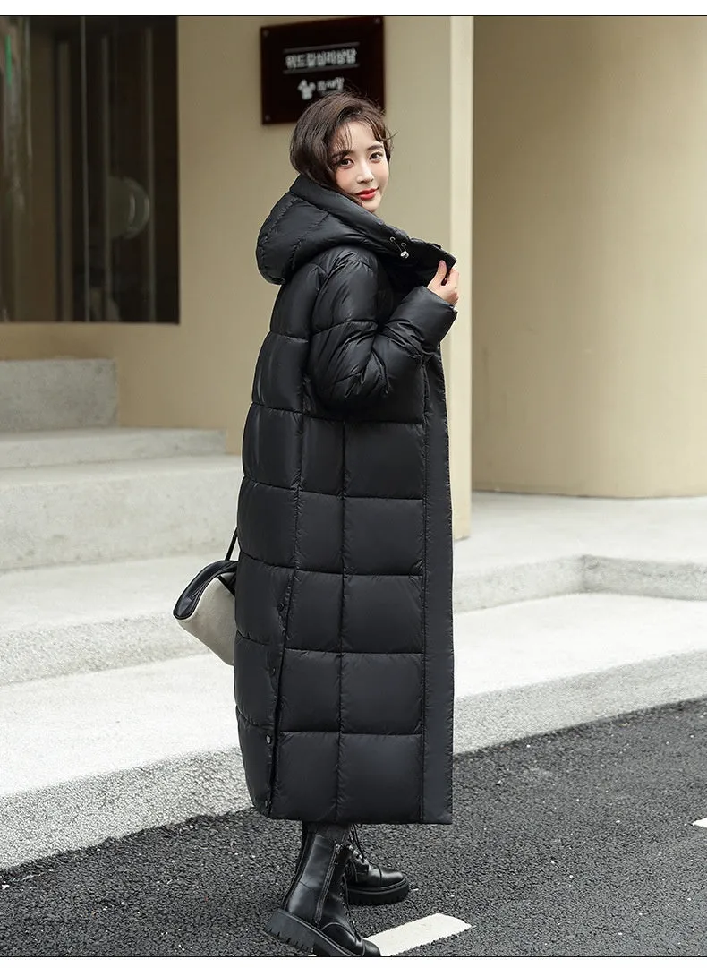 Women's Super Long Down Jacket Winter Puffer Thick Coat Black Red Hooded Zipper Keep Warm Fall Winter Casual Clothes