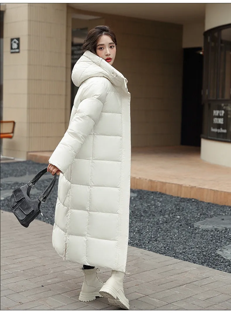 Women's Super Long Down Jacket Winter Puffer Thick Coat Black Red Hooded Zipper Keep Warm Fall Winter Casual Clothes