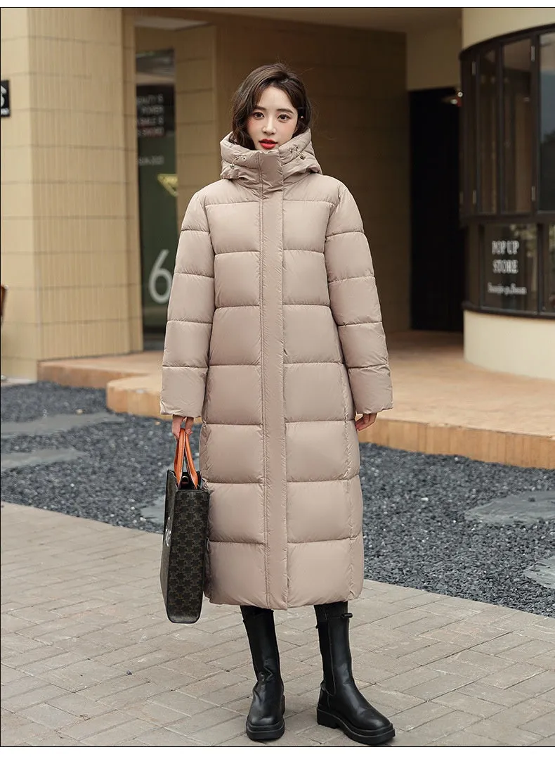 Women's Super Long Down Jacket Winter Puffer Thick Coat Black Red Hooded Zipper Keep Warm Fall Winter Casual Clothes