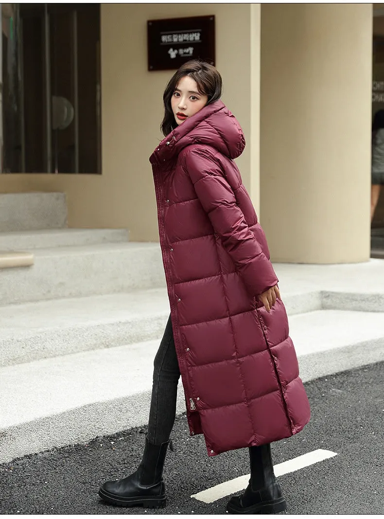 Women's Super Long Down Jacket Winter Puffer Thick Coat Black Red Hooded Zipper Keep Warm Fall Winter Casual Clothes