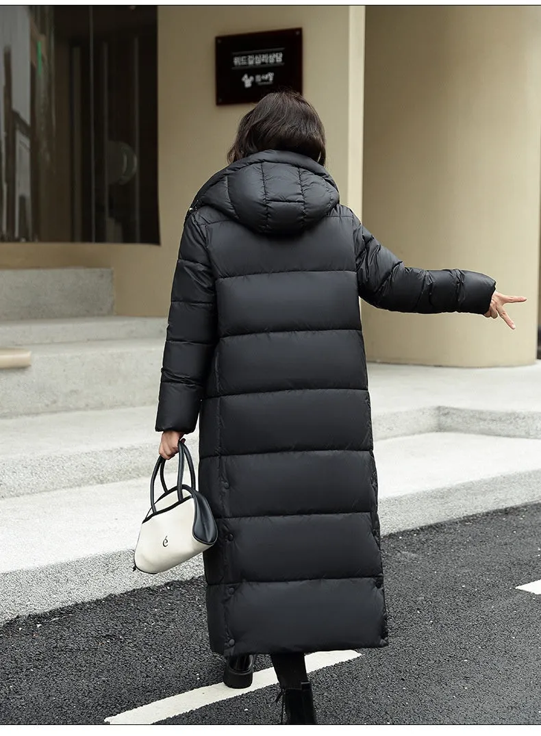 Women's Super Long Down Jacket Winter Puffer Thick Coat Black Red Hooded Zipper Keep Warm Fall Winter Casual Clothes