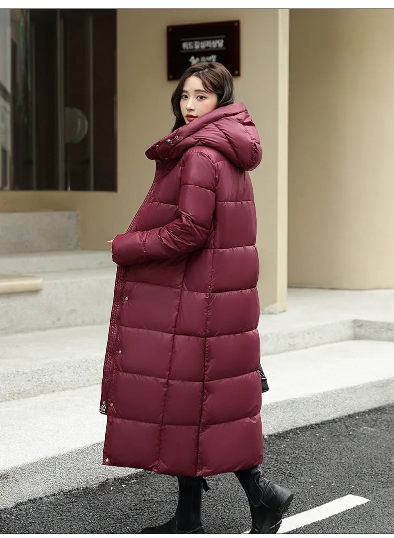 Women's Super Long Down Jacket Winter Puffer Thick Coat Black Red Hooded Zipper Keep Warm Fall Winter Casual Clothes