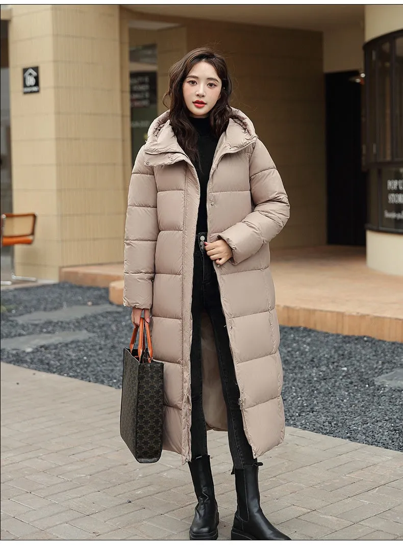 Women's Super Long Down Jacket Winter Puffer Thick Coat Black Red Hooded Zipper Keep Warm Fall Winter Casual Clothes