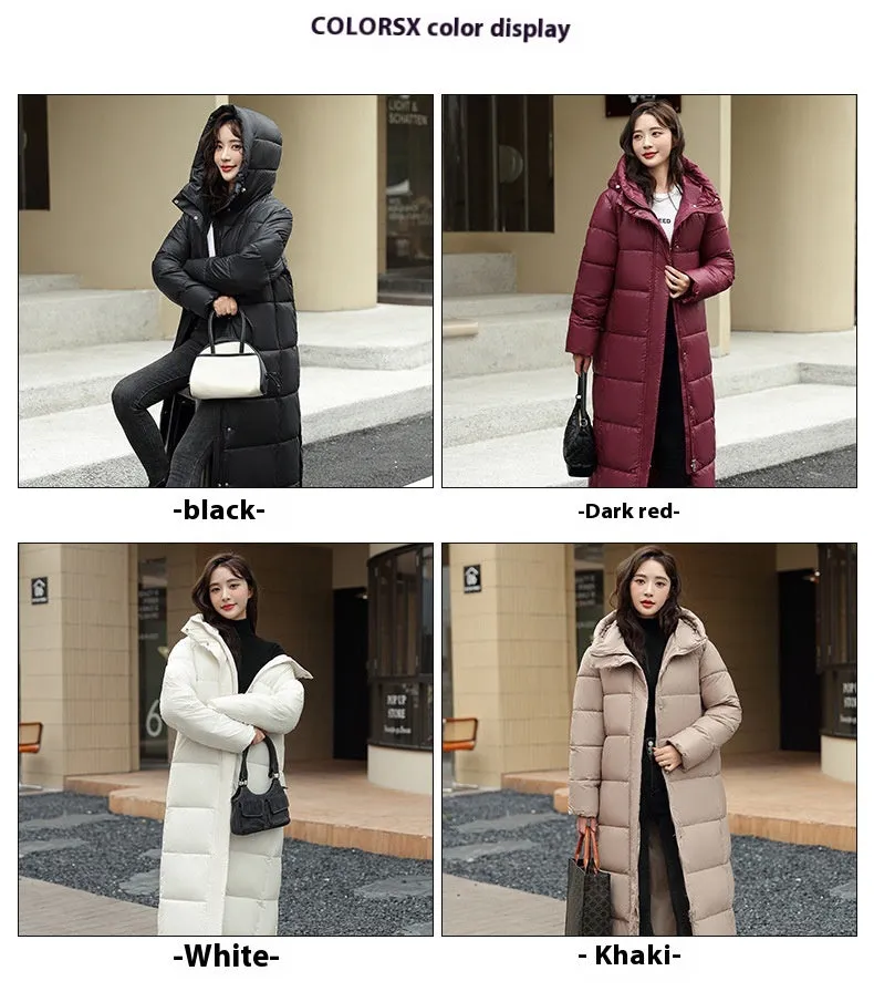 Women's Super Long Down Jacket Winter Puffer Thick Coat Black Red Hooded Zipper Keep Warm Fall Winter Casual Clothes