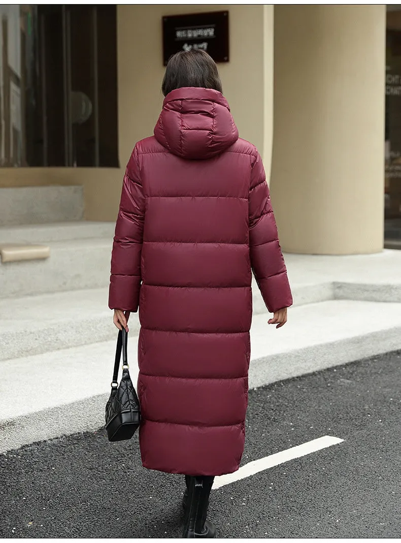 Women's Super Long Down Jacket Winter Puffer Thick Coat Black Red Hooded Zipper Keep Warm Fall Winter Casual Clothes