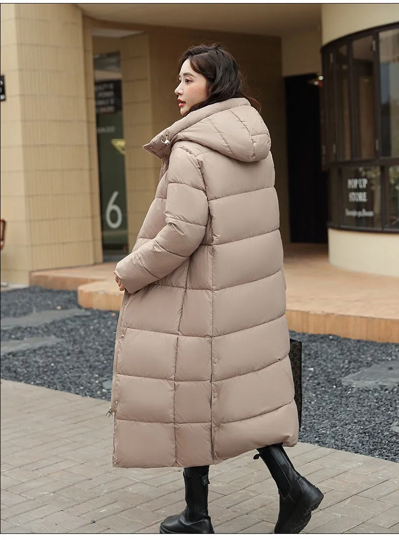 Women's Super Long Down Jacket Winter Puffer Thick Coat Black Red Hooded Zipper Keep Warm Fall Winter Casual Clothes