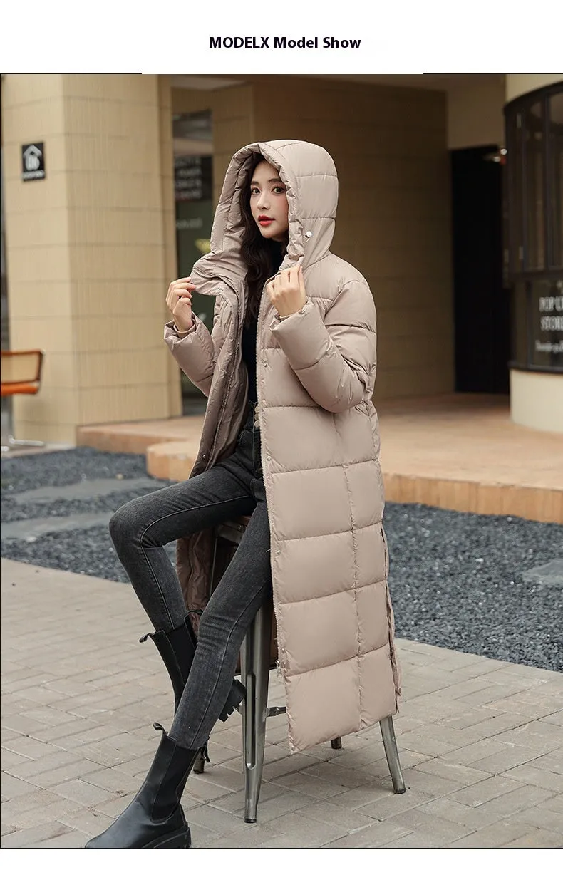 Women's Super Long Down Jacket Winter Puffer Thick Coat Black Red Hooded Zipper Keep Warm Fall Winter Casual Clothes