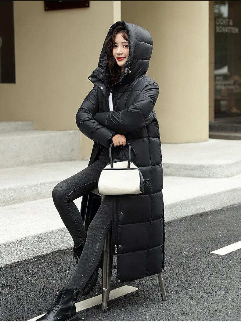 Women's Super Long Down Jacket Winter Puffer Thick Coat Black Red Hooded Zipper Keep Warm Fall Winter Casual Clothes