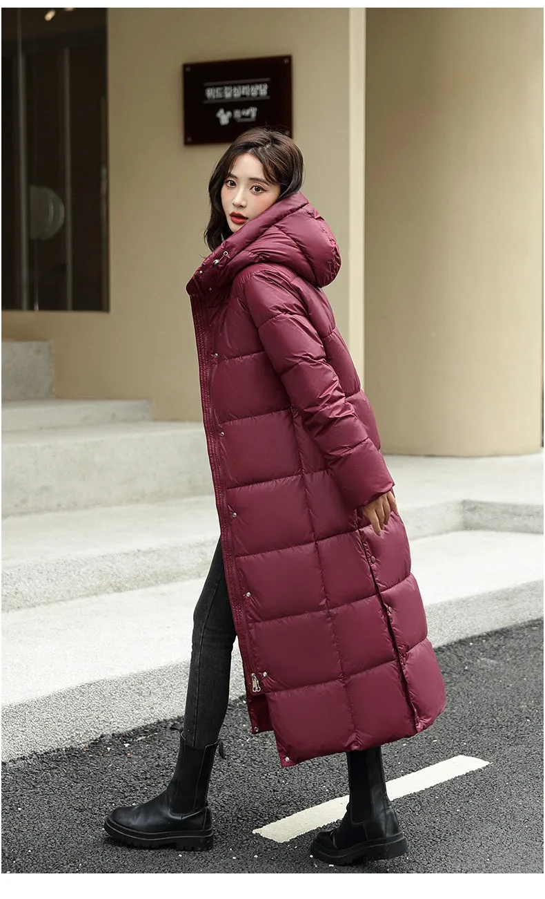 Women's Super Long Down Jacket Winter Puffer Thick Coat Black Red Hooded Zipper Keep Warm Fall Winter Casual Clothes