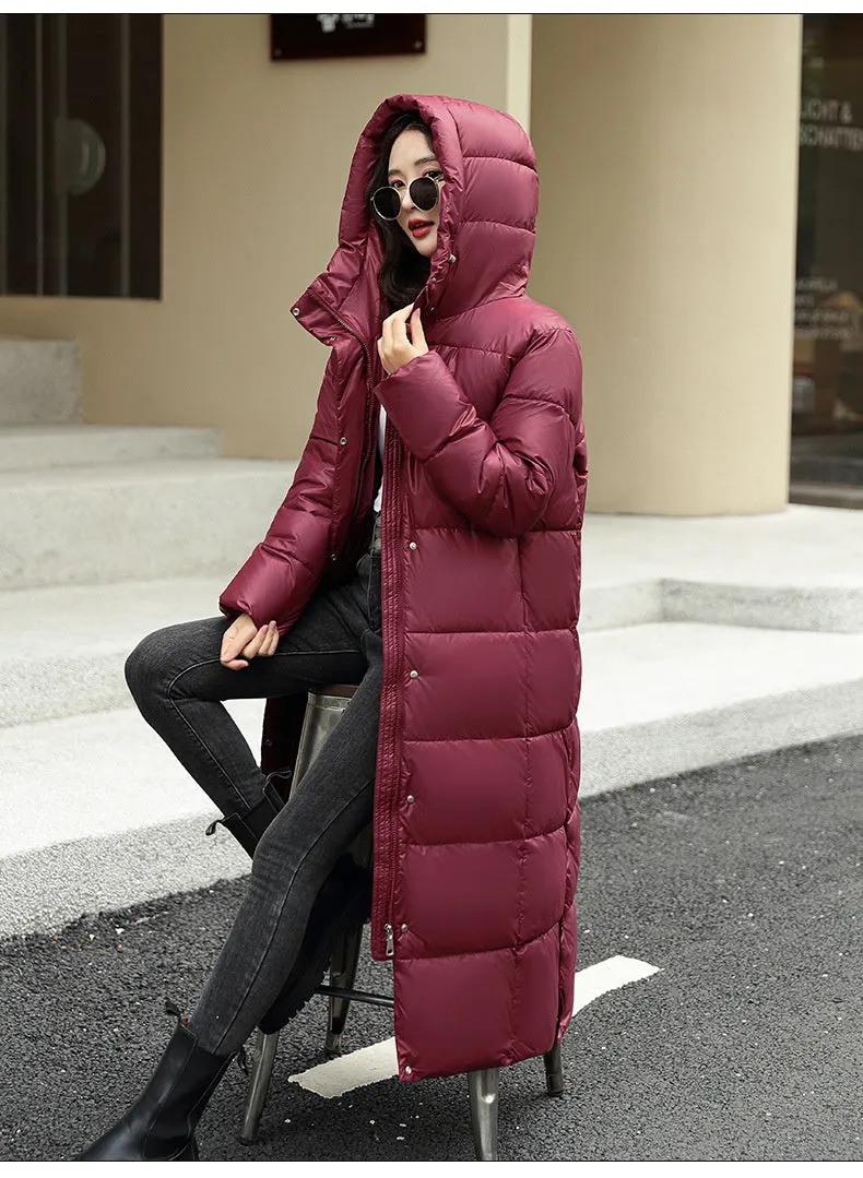 Women's Super Long Down Jacket Winter Puffer Thick Coat Black Red Hooded Zipper Keep Warm Fall Winter Casual Clothes