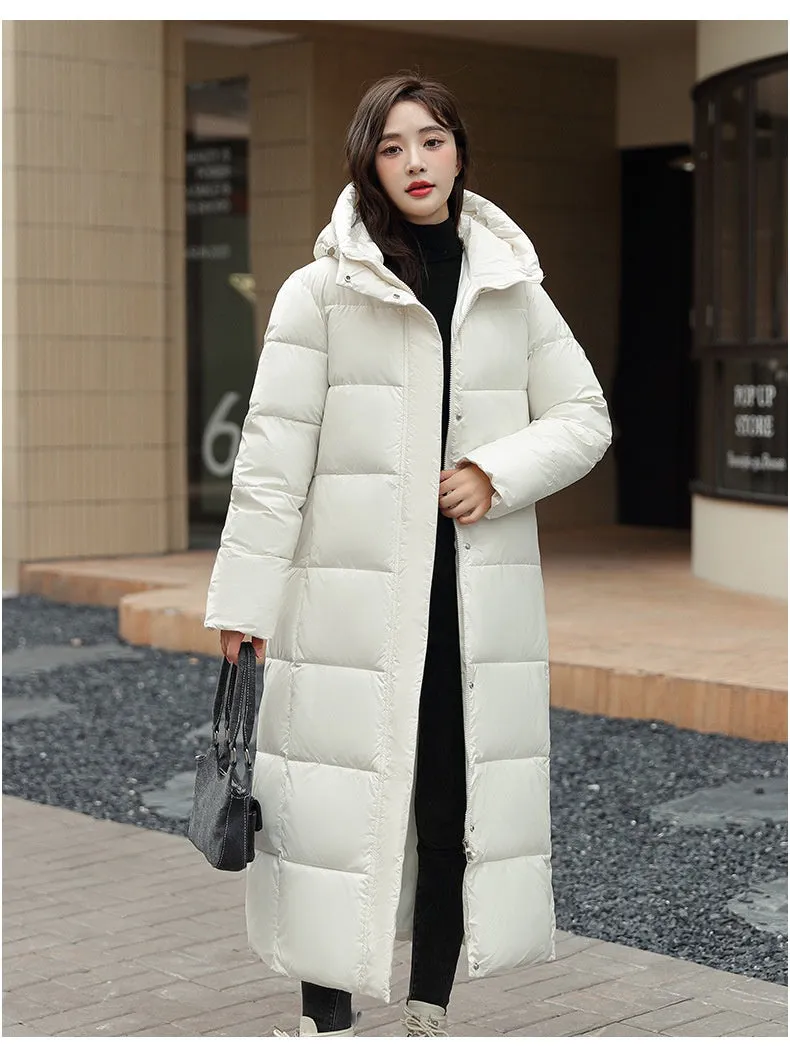 Women's Super Long Down Jacket Winter Puffer Thick Coat Black Red Hooded Zipper Keep Warm Fall Winter Casual Clothes