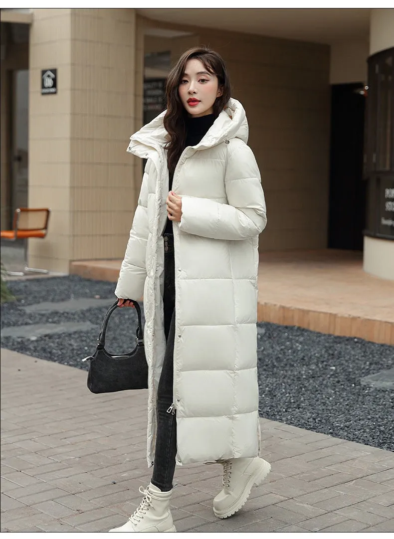 Women's Super Long Down Jacket Winter Puffer Thick Coat Black Red Hooded Zipper Keep Warm Fall Winter Casual Clothes