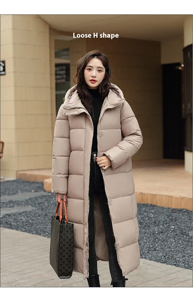 Women's Super Long Down Jacket Winter Puffer Thick Coat Black Red Hooded Zipper Keep Warm Fall Winter Casual Clothes