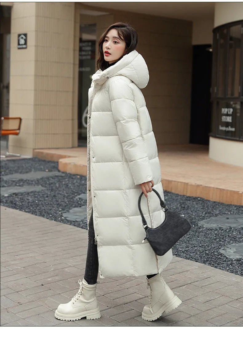 Women's Super Long Down Jacket Winter Puffer Thick Coat Black Red Hooded Zipper Keep Warm Fall Winter Casual Clothes