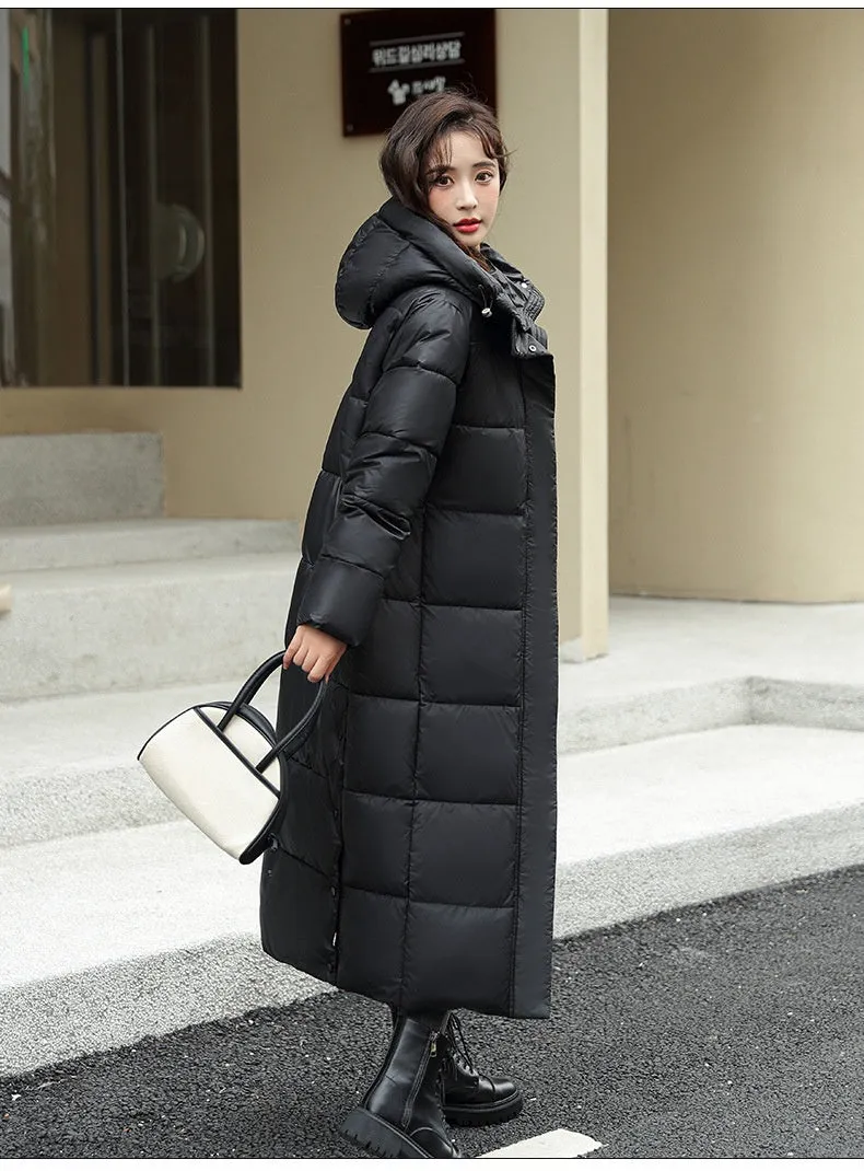 Women's Super Long Down Jacket Winter Puffer Thick Coat Black Red Hooded Zipper Keep Warm Fall Winter Casual Clothes