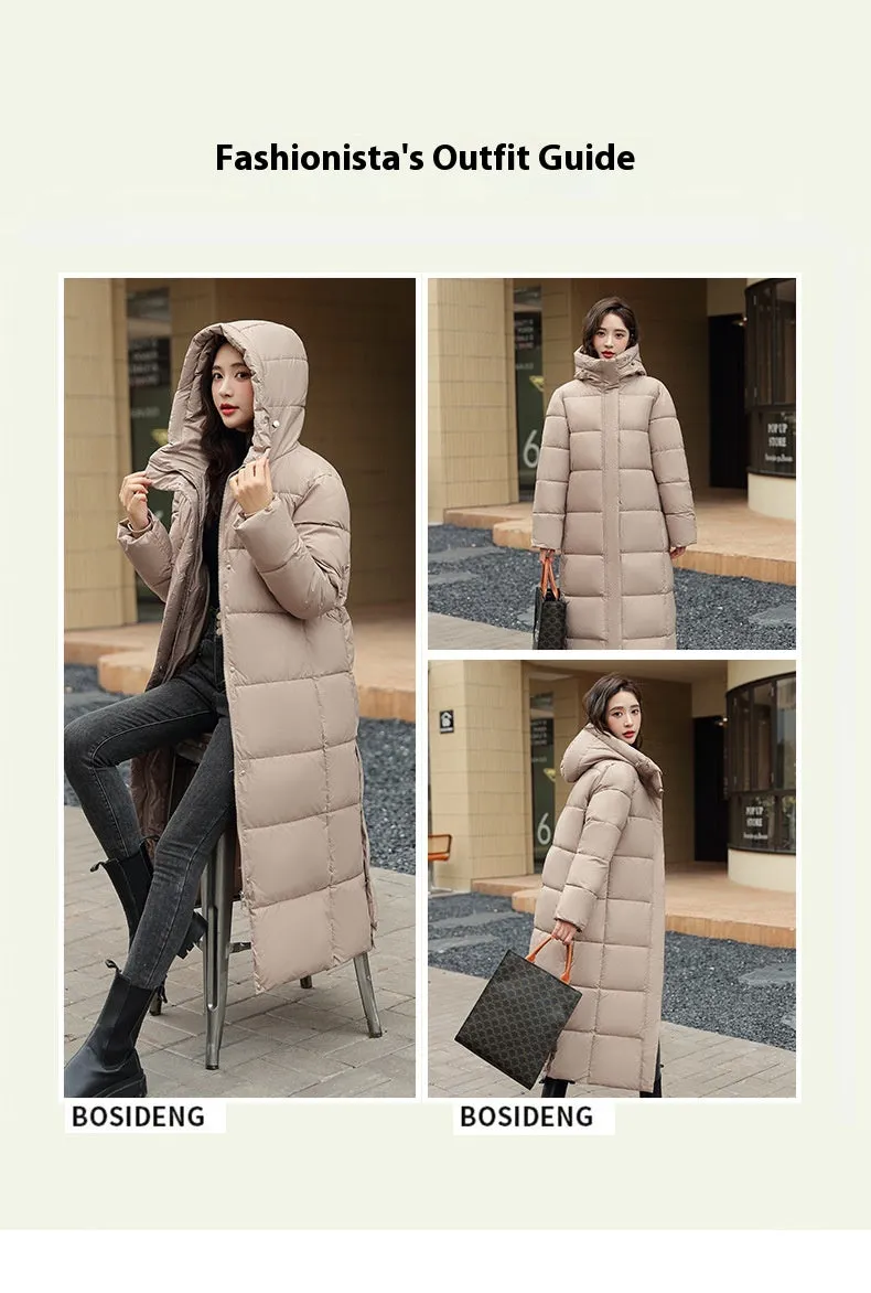 Women's Super Long Down Jacket Winter Puffer Thick Coat Black Red Hooded Zipper Keep Warm Fall Winter Casual Clothes