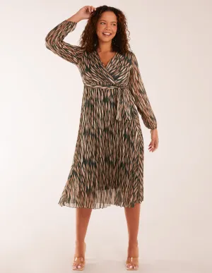 Wrap Over Metallic Vertical Print Dress