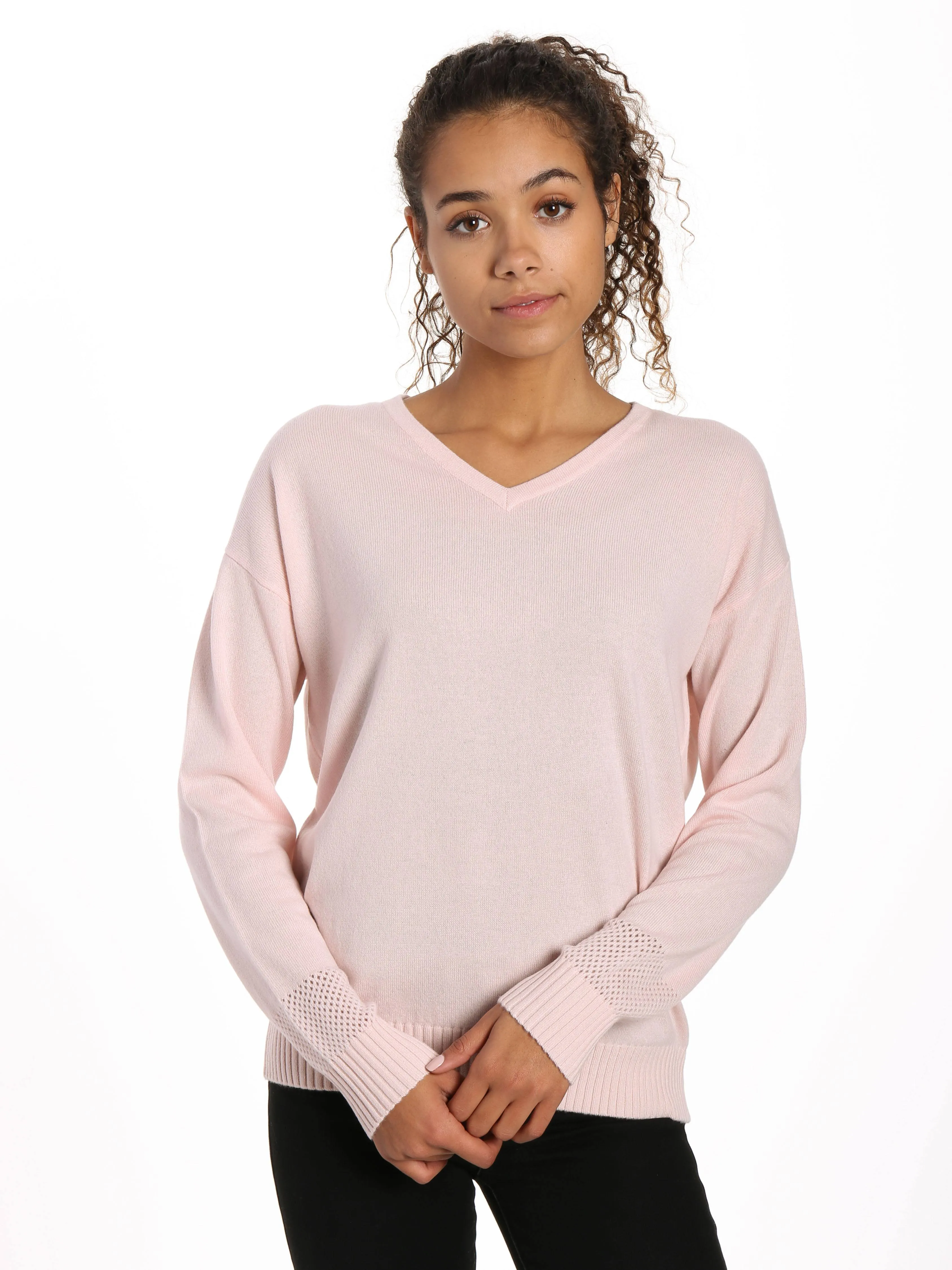 Zainuno Moizni Women's 100% Cashmere V-Neck Sweater with Mesh Sleeve