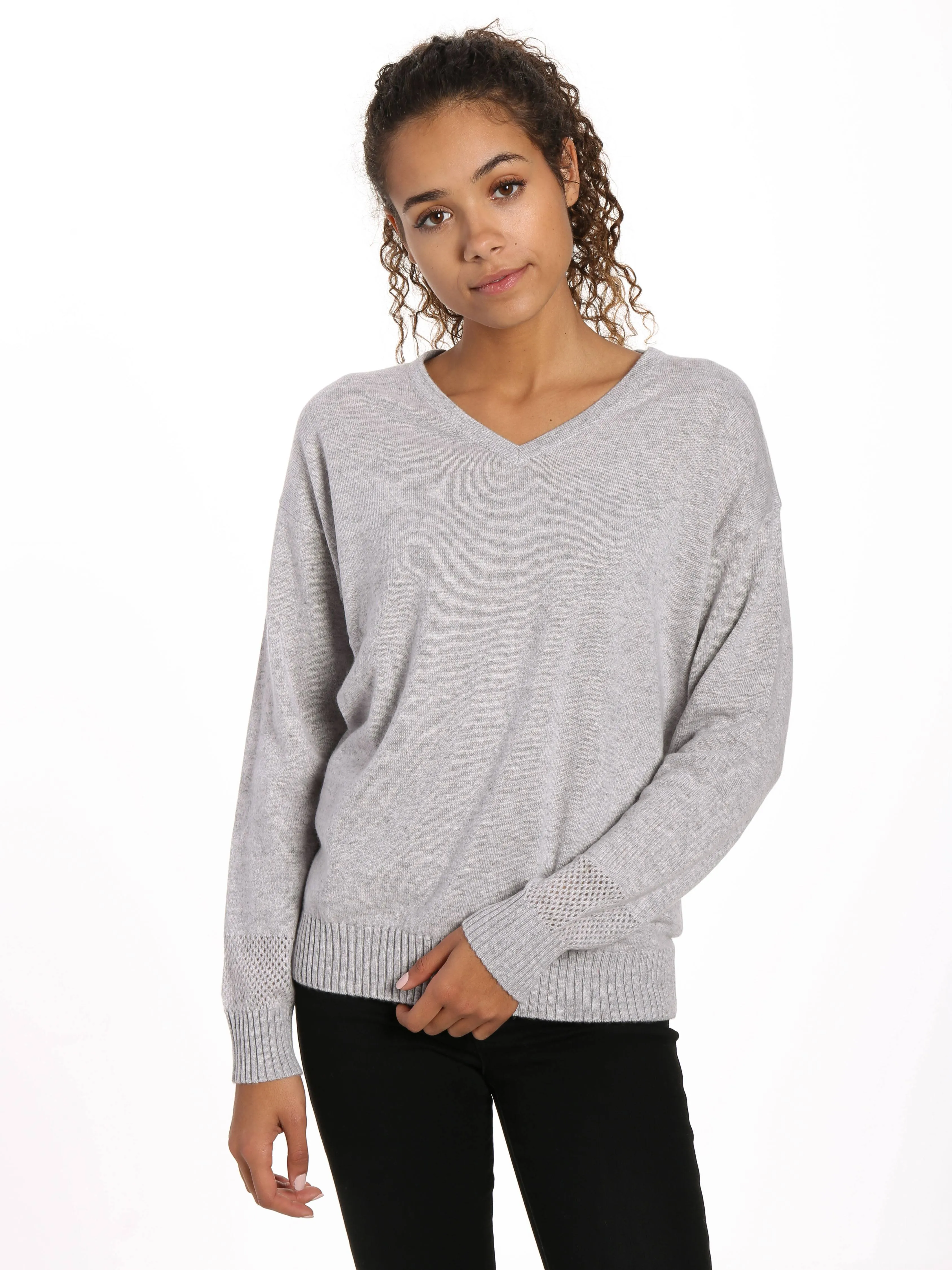 Zainuno Moizni Women's 100% Cashmere V-Neck Sweater with Mesh Sleeve